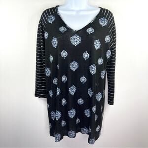 J.Jill Linen Black Medallion Print‎ 3/4 Sleeve Top Size S Raglan Stripe V-Neck